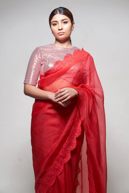 Buy Pooja Bagaria Red Silk Organza Lace Round Neck Chantilly Border Saree With Blouse Online at Aza Fashions Buy_Pooja Bagaria_Red Silk Organza Lace Round Neck Chantilly Border Saree With Blouse _Online_at_Aza_Fashions