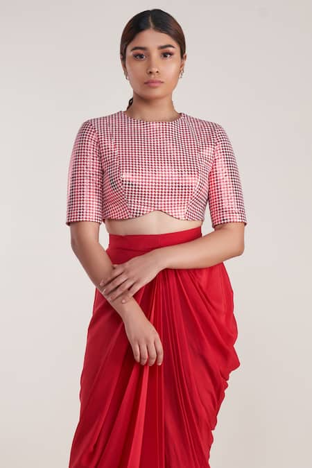 Pooja Bagaria Red Chanderi Round Neck Houndstooth Crop Top And Draped Skirt Set Online at Aza Fashions Pooja Bagaria_Red Chanderi Round Neck Houndstooth Crop Top And Draped Skirt Set _Online_at_Aza_Fashions