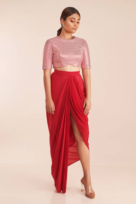 Buy Pooja Bagaria Red Chanderi Round Neck Houndstooth Crop Top And Draped Skirt Set Online at Aza Fashions Buy_Pooja Bagaria_Red Chanderi Round Neck Houndstooth Crop Top And Draped Skirt Set _Online_at_Aza_Fashions