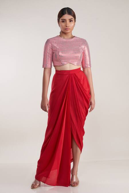 Shop Pooja Bagaria Red Chanderi Round Neck Houndstooth Crop Top And Draped Skirt Set Online at Aza Fashions Shop_Pooja Bagaria_Red Chanderi Round Neck Houndstooth Crop Top And Draped Skirt Set _Online_at_Aza_Fashions