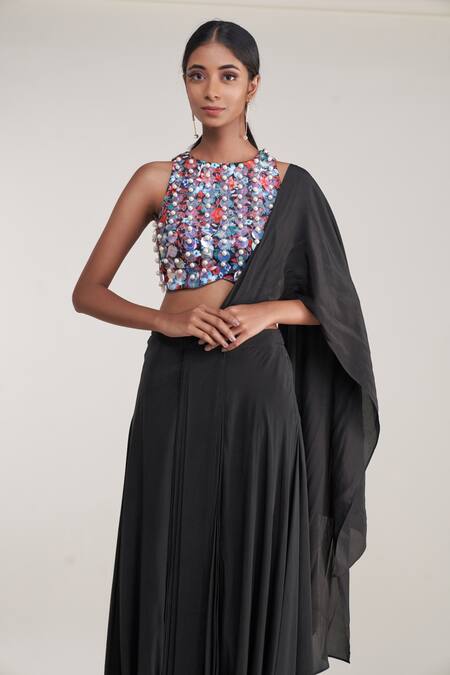 Pooja Bagaria_Black Crepe, Silk Pearls, Pre-stitched Dhoti Pant Saree With Embroidered Blouse_Online_at_Aza_Fashions