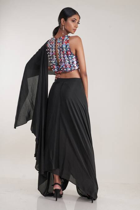 Buy_Pooja Bagaria_Black Crepe, Silk Pearls, Pre-stitched Dhoti Pant Saree With Embroidered Blouse_Online_at_Aza_Fashions