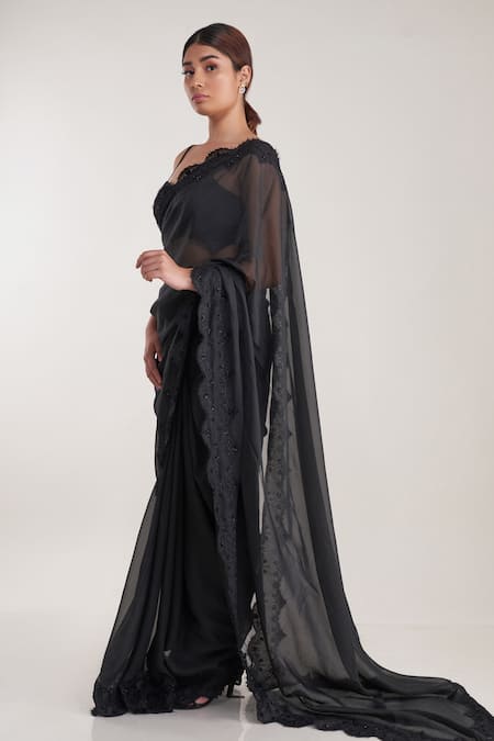 Pooja Bagaria Black , Silk Lace Sweetheart Neck Border Saree With Blouse Online at Aza Fashions Pooja Bagaria_Black , Silk Lace Sweetheart Neck Border Saree With Blouse _Online_at_Aza_Fashions