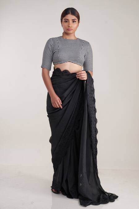 Pooja Bagaria_Black Silk, Tweed, Organza Beads, Chantilly And Embellished Saree With Blouse _Online_at_Aza_Fashions