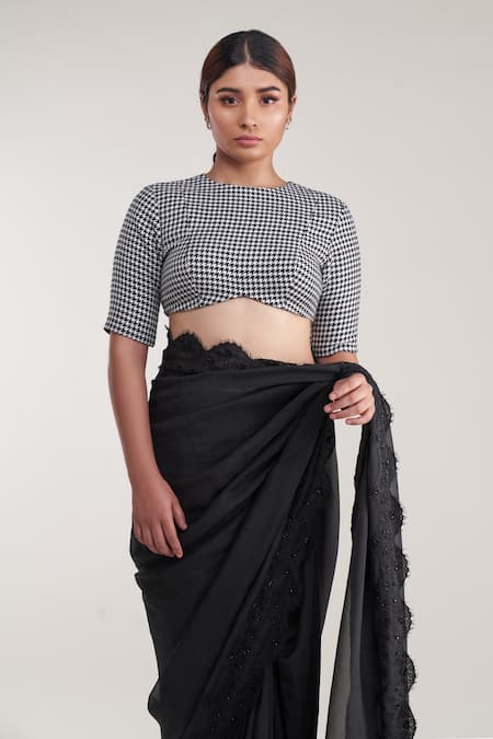 Buy_Pooja Bagaria_Black Silk, Tweed, Organza Beads, Chantilly And Embellished Saree With Blouse _Online_at_Aza_Fashions