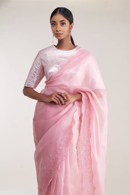 Pooja Bagaria Pink Silk, Polyester Lace Round Neck Chantilly Trim Saree Set Online at Aza Fashions Pooja Bagaria_Pink Silk, Polyester Lace Round Neck Chantilly Trim Saree Set _Online_at_Aza_Fashions