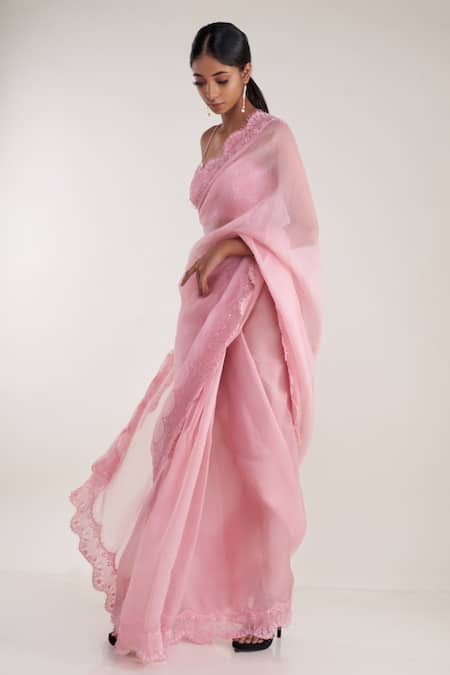 Pooja Bagaria_Pink Organza Lace, Embroidery Sweetheart Neck Border Saree With Strappy Blouse _Online_at_Aza_Fashions