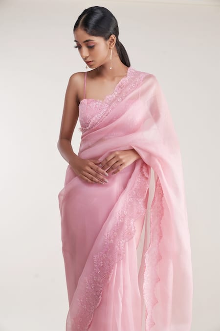 Buy_Pooja Bagaria_Pink Organza Lace, Embroidery Sweetheart Neck Border Saree With Strappy Blouse _Online_at_Aza_Fashions