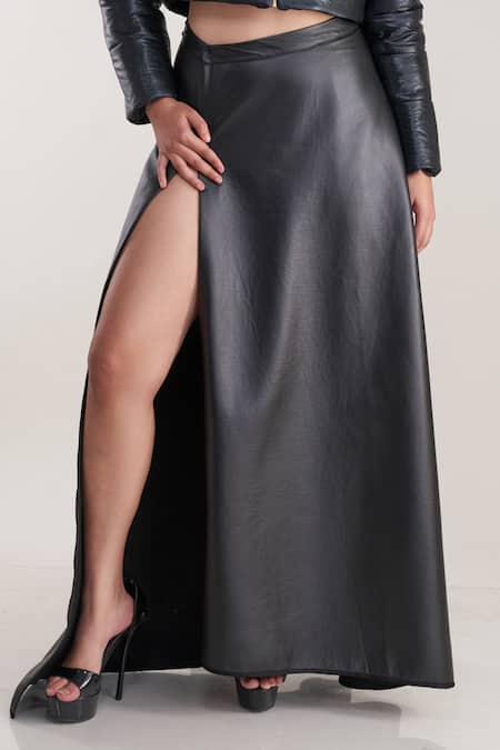 Pooja Bagaria_Black Faux Leather Slit Detail Pu Skirt_Online_at_Aza_Fashions