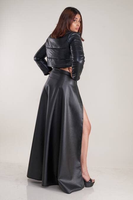 Shop_Pooja Bagaria_Black Faux Leather Slit Detail Pu Skirt_Online_at_Aza_Fashions