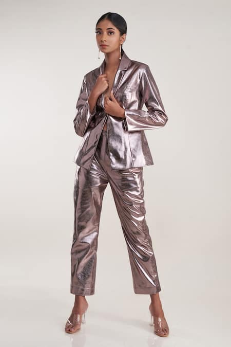 Pooja Bagaria_Gray Polyurethane, Faux Leather Metallic Blazer And Pant Set _Online_at_Aza_Fashions
