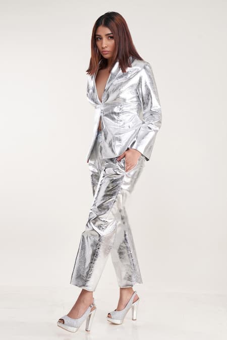 Pooja Bagaria_Silver Polyurethane, Faux Leather Metallic Blazer And Pant Set _Online_at_Aza_Fashions