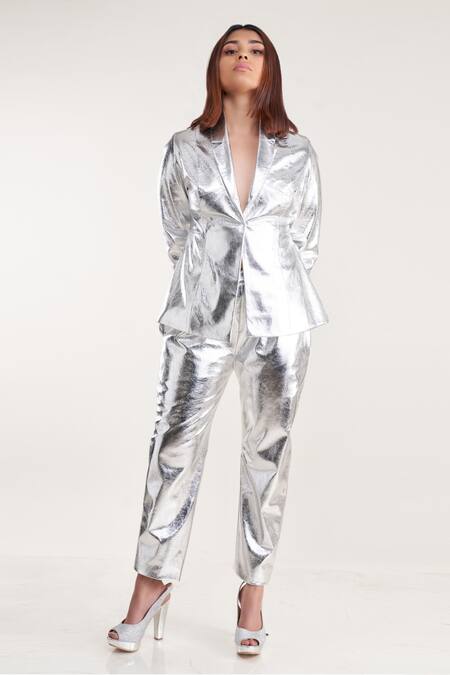 Buy_Pooja Bagaria_Silver Polyurethane, Faux Leather Metallic Blazer And Pant Set _Online_at_Aza_Fashions