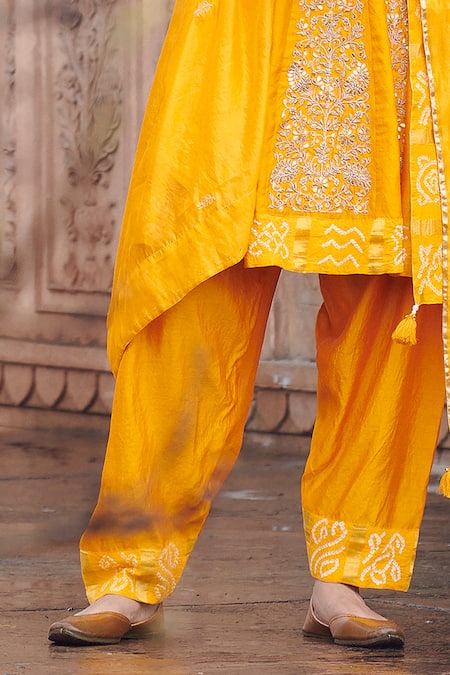 Pink City By Sarika Yellow Silk, Chanderi Embroidery, Zari, Gota Patti Round Neck Kurta Patiala Set Online at Aza Fashions Pink City By Sarika_Yellow Silk, Chanderi Embroidery, Zari, Gota Patti Round Neck Kurta Patiala Set_Online_at_Aza_Fashions