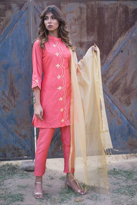 The Home Affair_Peach Cotton Satin, Cotton, Silk, Chiffon Cut Work, Gota Patti Kurta Pant Set _Online_at_Aza_Fashions
