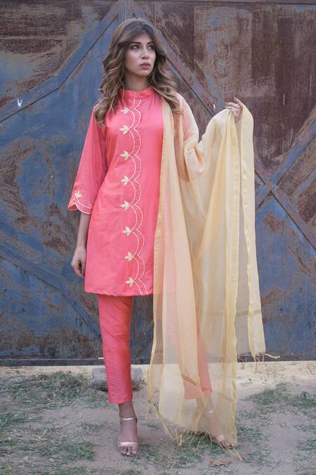 Shop_The Home Affair_Peach Cotton Satin, Cotton, Silk, Chiffon Cut Work, Gota Patti Kurta Pant Set _Online_at_Aza_Fashions