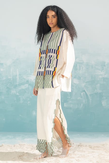 Buy_Ikai By Ragini Ahuja_Ivory 100% Cotton Embroidery Applique And Cutwork High Slit Pant _Online_at_Aza_Fashions
