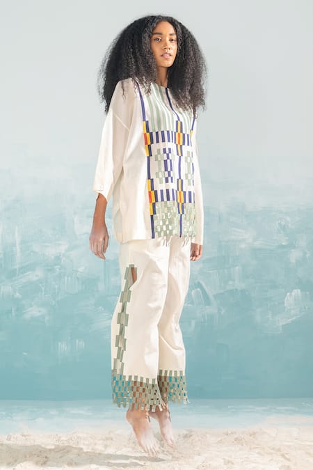 Shop_Ikai By Ragini Ahuja_Ivory 100% Cotton Embroidery Applique And Cutwork High Slit Pant _Online_at_Aza_Fashions