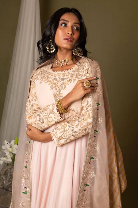 Pds By Sneha Pink Tissue Embroidery Floral Round Anarkali With Dupatta Online at Aza Fashions Pds By Sneha_Pink Tissue Embroidery Floral Round Anarkali With Dupatta _Online_at_Aza_Fashions