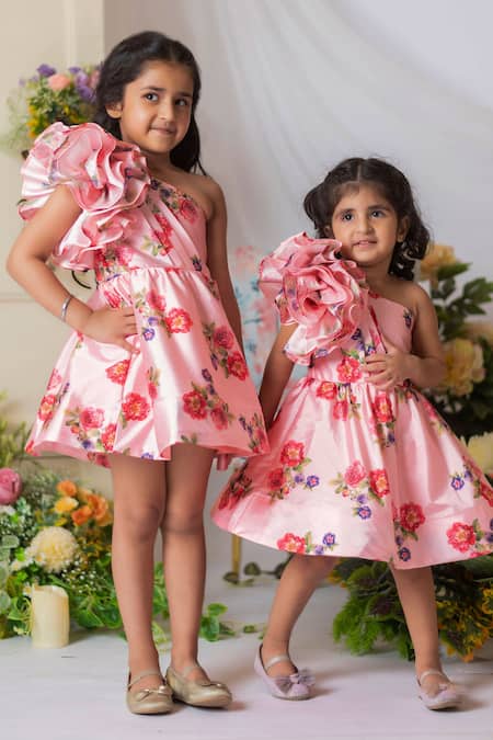 Lil Angels_Peach Silk, Cotton Embroidery Floral Pattern Dress _Online_at_Aza_Fashions