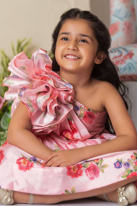 Buy_Lil Angels_Peach Silk, Cotton Embroidery Floral Pattern Dress _Online_at_Aza_Fashions