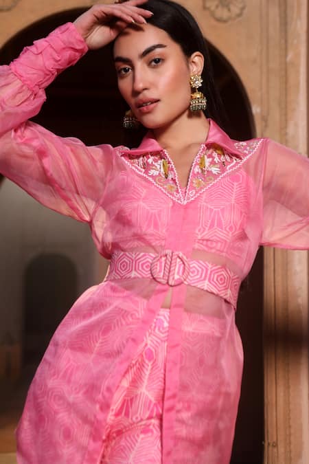 Dheeru Taneja Pink Organza, Chanderi Beads, Sequins Peony Sheer Shirt And Straight Pant Set Online at Aza Fashions Dheeru Taneja_Pink Organza, Chanderi Beads, Sequins Peony Sheer Shirt And Straight Pant Set _Online_at_Aza_Fashions