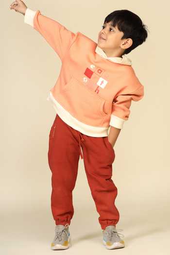 Shop_Miko Lolo_Pink 100% Cotton Fleece Print And Embroidery Color Blocked Hoodie And Joggers Set_Online_at_Aza_Fashions