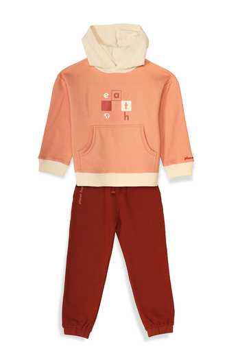 Miko Lolo_Pink 100% Cotton Fleece Print And Embroidery Color Blocked Hoodie And Joggers Set_at_Aza_Fashions