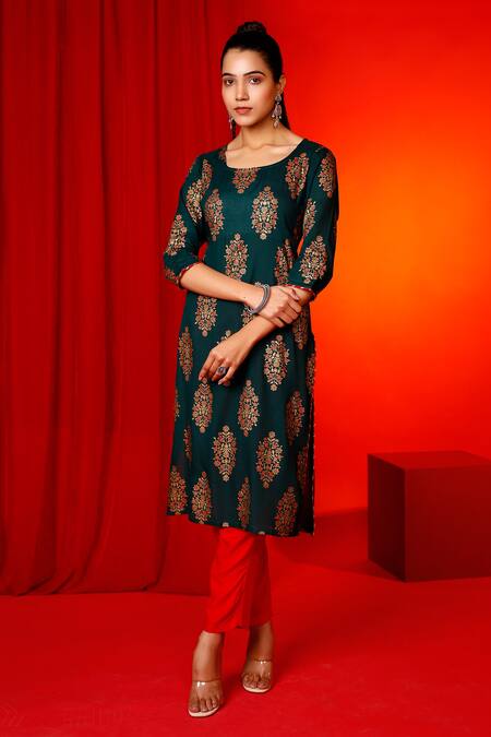 Buy_Pheeta_Green Rayon Printed Floral Round Mughal Kurta And Pant Set_Online_at_Aza_Fashions