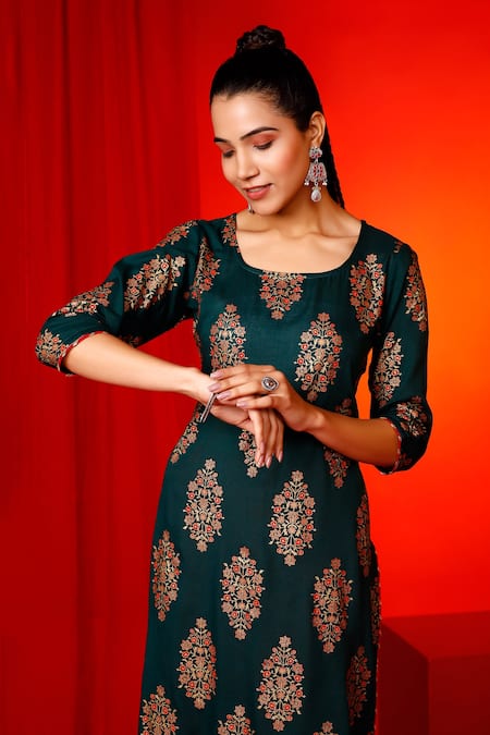Shop_Pheeta_Green Rayon Printed Floral Round Mughal Kurta And Pant Set_Online_at_Aza_Fashions
