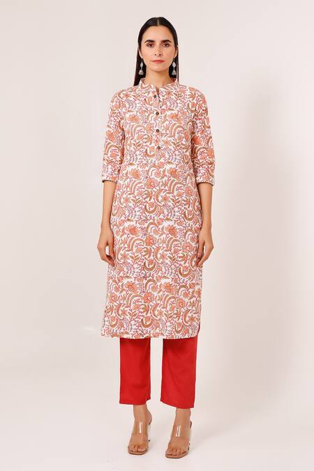 Pheeta Off White Cotton Printed Floral Mandarin Collar Kurta And Red Pant Set Online at Aza Fashions Pheeta_Off White Cotton Printed Floral Mandarin Collar Kurta And Red Pant Set _Online_at_Aza_Fashions
