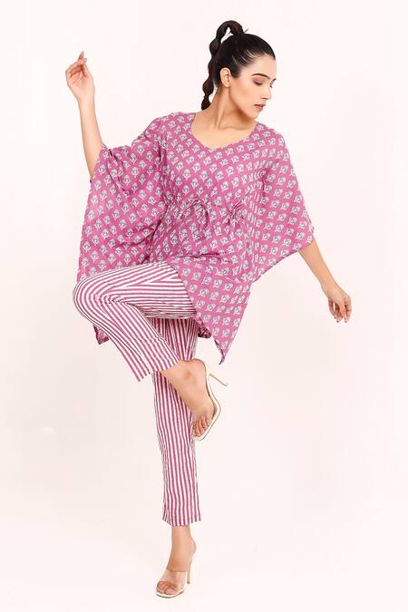 Buy_Pheeta_Magenta Cotton Printed Floral V Neck Kaftan And Pant Set_Online_at_Aza_Fashions