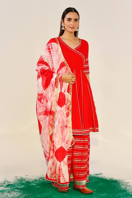 Buy Pheeta Coral Rayon Gota Leaf Neck Anarkali Sharara Set Online at Aza Fashions Buy_Pheeta_Coral Rayon Gota Leaf Neck Anarkali Sharara Set _Online_at_Aza_Fashions