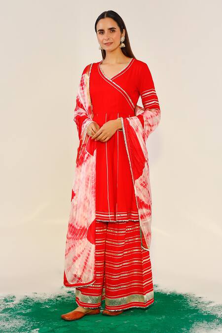 Shop Pheeta Coral Rayon Gota Leaf Neck Anarkali Sharara Set Online at Aza Fashions Shop_Pheeta_Coral Rayon Gota Leaf Neck Anarkali Sharara Set _Online_at_Aza_Fashions