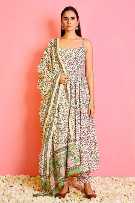 Pheeta_Off White Cotton Hand Printed Floral Round Anarkali Pant Set_Online_at_Aza_Fashions