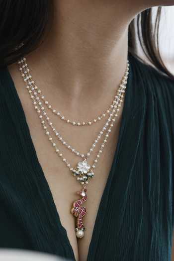Do Taara Gold Plated Pearl Layered Peacock Necklace Online at Aza Fashions Do Taara_Gold Plated Pearl Layered Peacock Necklace _Online_at_Aza_Fashions