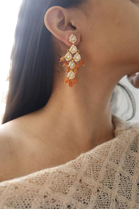 Do Taara_Orange Stones Kundan Dangler Earrings _Online_at_Aza_Fashions