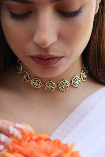 Buy Do Taara Green Meenakari Choker Necklace Online at Aza Fashions Buy_Do Taara_Green Meenakari Choker Necklace _Online_at_Aza_Fashions