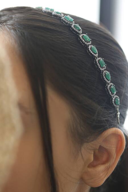 Buy_Do Taara_Green Rhinestones Cubic Zirconia Embellished Headband _Online_at_Aza_Fashions