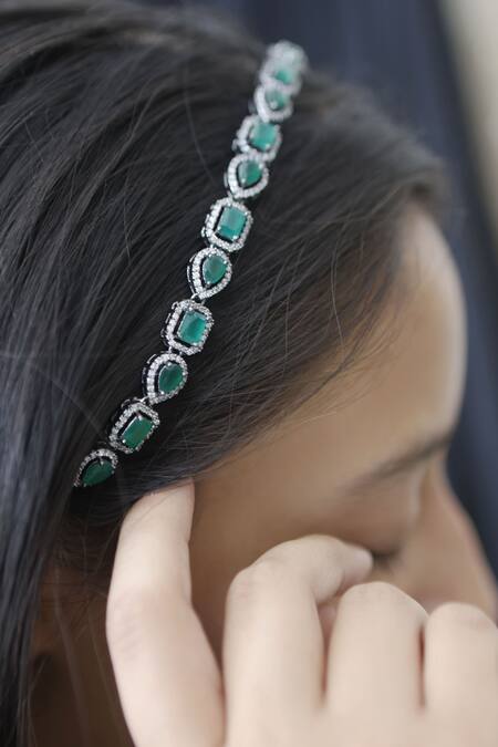 Do Taara_Green Rhinestones Cubic Zirconia Embellished Headband _Online_at_Aza_Fashions