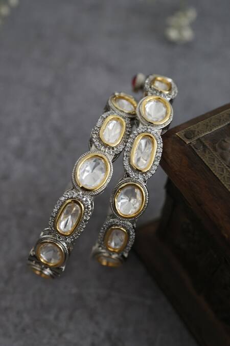 Buy_Do Taara_Silver Plated Polki And Cubic Zirconia Embellished Bangle - Single Pc_Online_at_Aza_Fashions