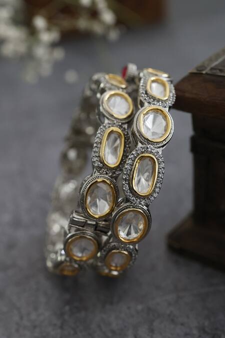 Shop_Do Taara_Silver Plated Polki And Cubic Zirconia Embellished Bangle - Single Pc_Online_at_Aza_Fashions