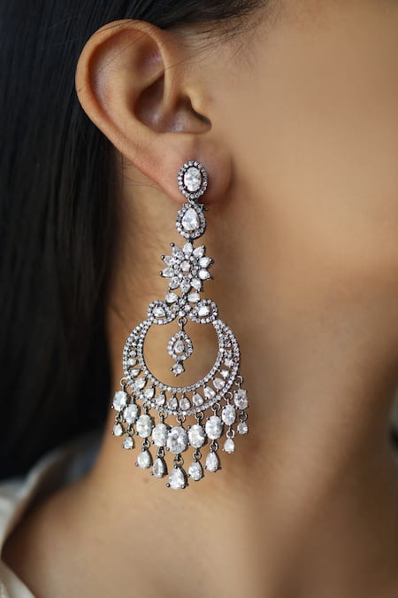 White Finish Faux Diamond & Emerald Drop Dangler Earrings Design by Prihan  Luxury Jewelry at Pernia's Pop Up Shop 2024