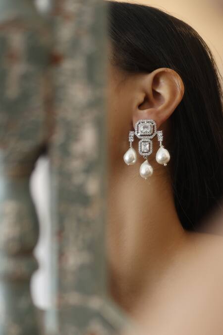 Buy_Do Taara_Silver Plated Faux Diamonds Square-cut Embellished Dangler Earrings _Online_at_Aza_Fashions