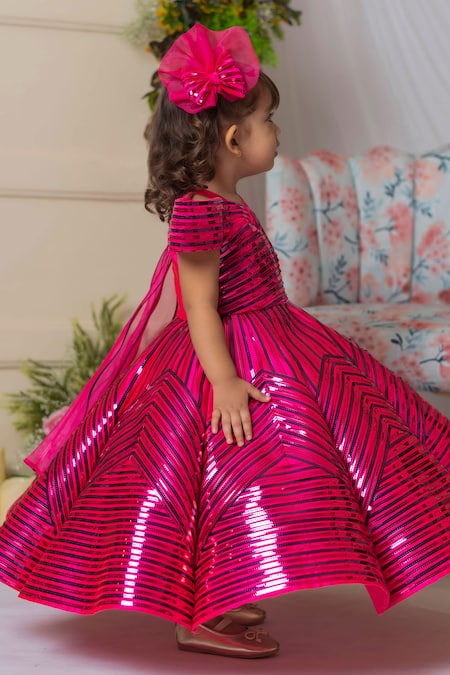 Lil Angels_Fuchsia Satin, Organza Sequins Embellished Geometric Pattern Gown _Online_at_Aza_Fashions