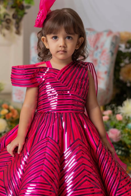 Shop_Lil Angels_Fuchsia Satin, Organza Sequins Embellished Geometric Pattern Gown _Online_at_Aza_Fashions