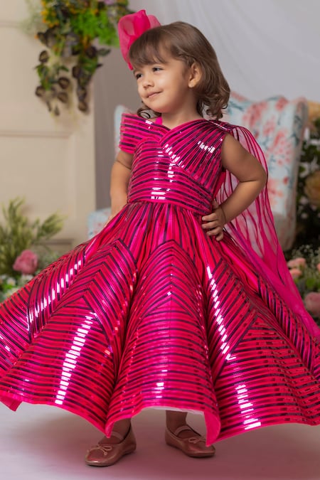 Lil Angels_Fuchsia Satin, Organza Sequins Embellished Geometric Pattern Gown _at_Aza_Fashions