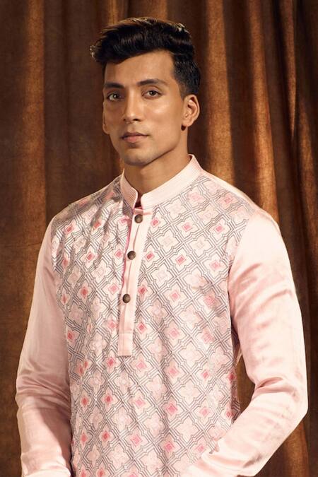 More Mischief_Pink Silk Linen Geometrical Pattern Kurta With Pant_Online_at_Aza_Fashions