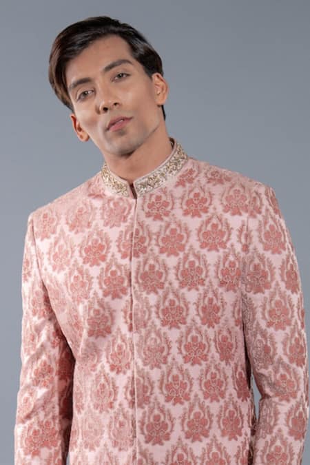 More Mischief_Pink Velvet, Silk, Linen Embroidery, Zari Applique Pattern Sherwani_Online_at_Aza_Fashions