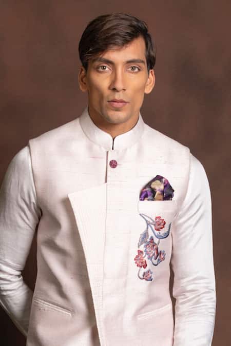 More Mischief_Pink Silk Embroidery Floral Raw Bundi_Online_at_Aza_Fashions